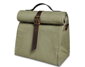 Lunch Bag for Men and Women, Insulated Lunch Bag, Canvas Lunch Box with Shoulder Strap, Genuine Leather and Canvas, Green