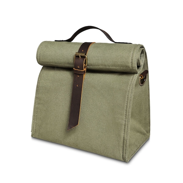 Lunch Bag for Men and Women, Insulated Lunch Bag, Canvas Lunch Box with Shoulder Strap, Genuine Leather and Canvas, Green