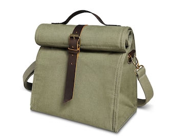 Lunch Bag with Shoulder Strap, Insulated Lunch Bag, Canvas Lunch Box with Shoulder Strap, Genuine Leather and Canvas, Green