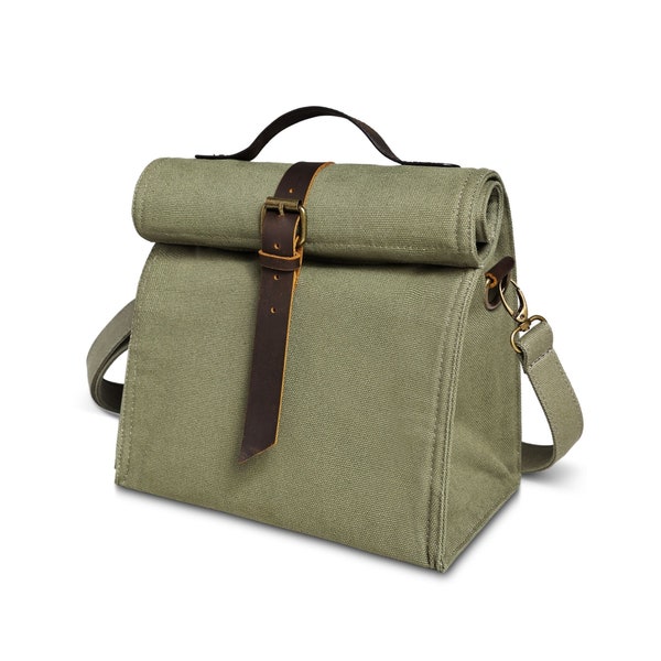 Lunch Bag with Shoulder Strap, Insulated Lunch Bag, Canvas Lunch Box with Shoulder Strap, Genuine Leather and Canvas, Green