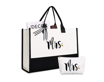 Bride Bag with Makeup Bag, Bridal Shower Gift, Bride Tote, Bachelorette Gifts for Bride, Mrs Tote Bag, Black and White