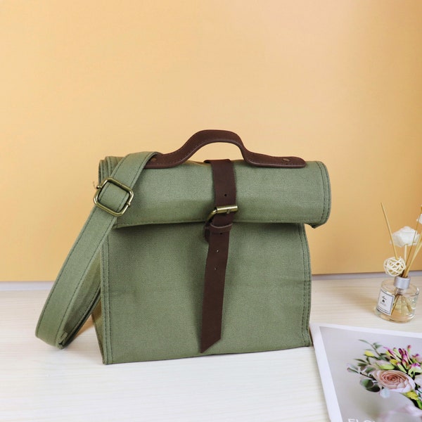 Lunch Bag for Men and Women, Insulated Lunch Bag, Reusable Lunch Tote, Canvas Lunch Box with Shoulder Strap, Genuine PU and Canvas