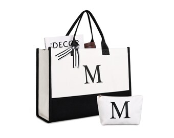 Custom Tote Bag with Makeup Bag, Bridesmaid Tote, Beach Bag, Beach Tote, Monogrammed Tote Bag, Bridesmaid Gifts, Letter M