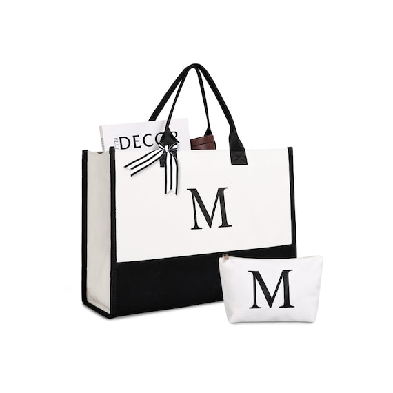 Mud Pie Classic Black and White Initial Canvas Tote Bags, 100 % 5e42