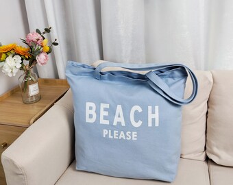 Grand sac de plage élégant en toile bleue Beach please - Fourre-tout spacieux et durable pour les aventures à la plage