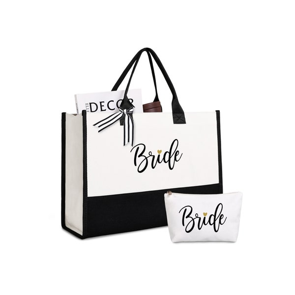 Bride Bag with Makeup Bag, Bridal Shower Gift, Bride Tote, Bachelorette Gifts for Bride, Black and White