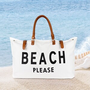 Beach bag with leather strap, Waterproof and Sandproof, Beach Please Bag, Beach Please Tote, Weekender Bag, Canvas image 2