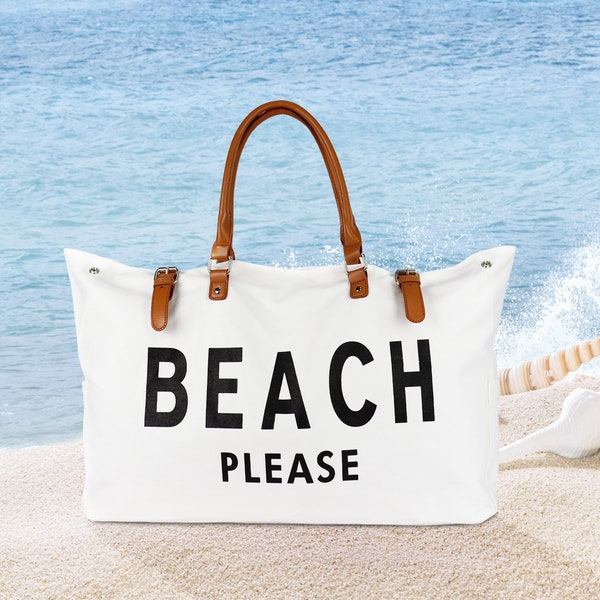 Extra Large Beach Please Tote Bag, Sac de Plage en Cuir Vegan pour Femme Imperméable Anti-Sable, Toile