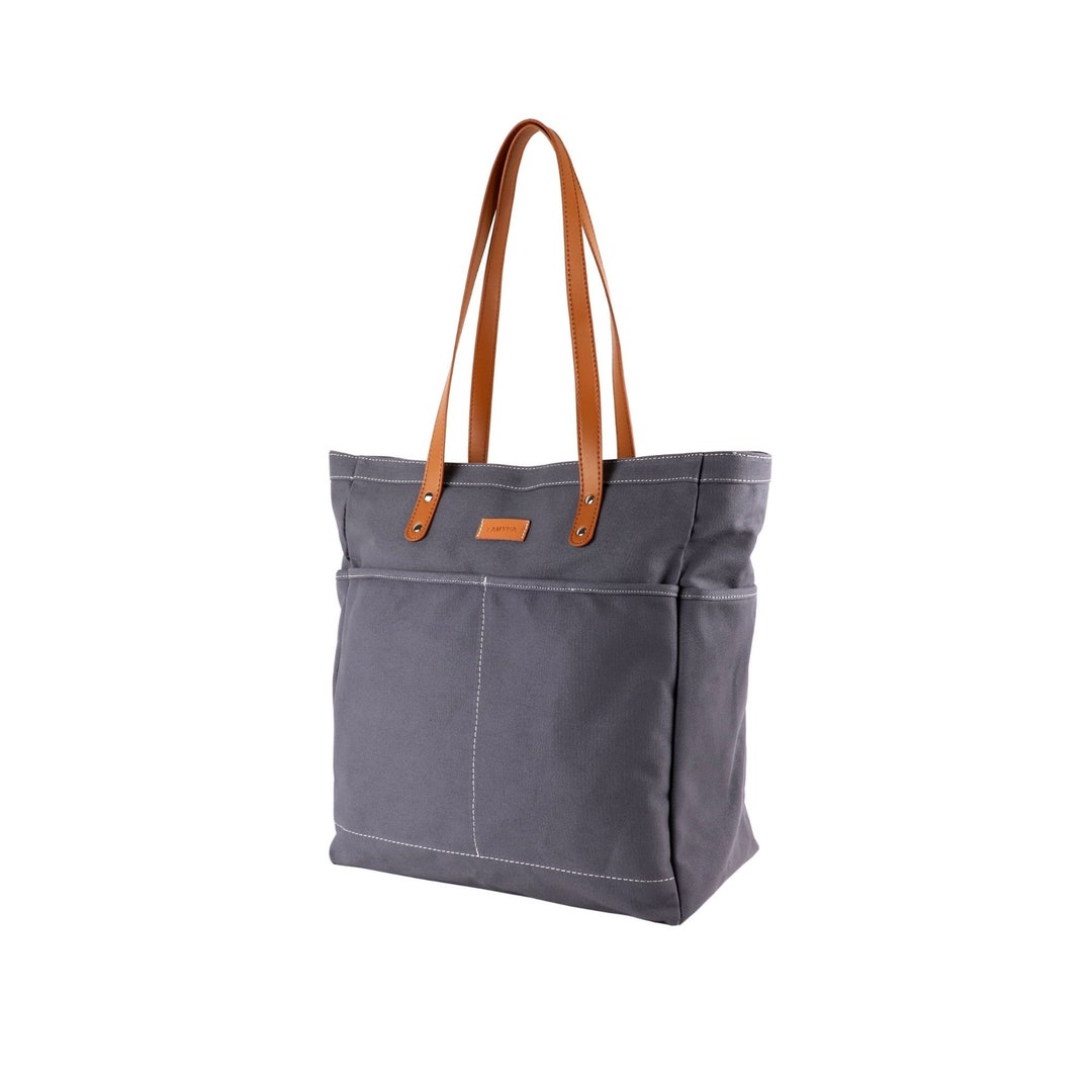 Tote Bag With Pockets Leather Straps, Tote Bag Aesthetic, Canvas Tote