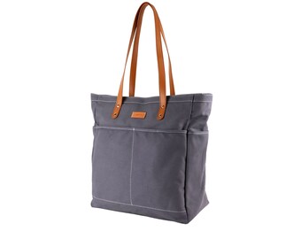 Tote Bag with Pockets Leather Straps, Tote Bag Aesthetic, Canvas Tote Bag with Zipper, Work Bag for Women, Grey