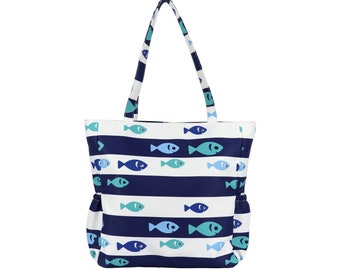 Beach Tote Bags for Women with Top Zipper and Inner Pockets, Reusable shopping bag with Blue Stripes and Fish Patterns, Nurse Bag, Gym Bag