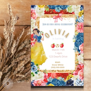 Invitation blanche neige, fête blanche neige, fille, fête princesse, invitation d'anniversaire numérique, INVITATION IMPRIMABLE
