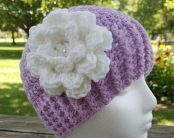 Crochet Beanie Hat with Flower: Handmade Acrylic Cloche