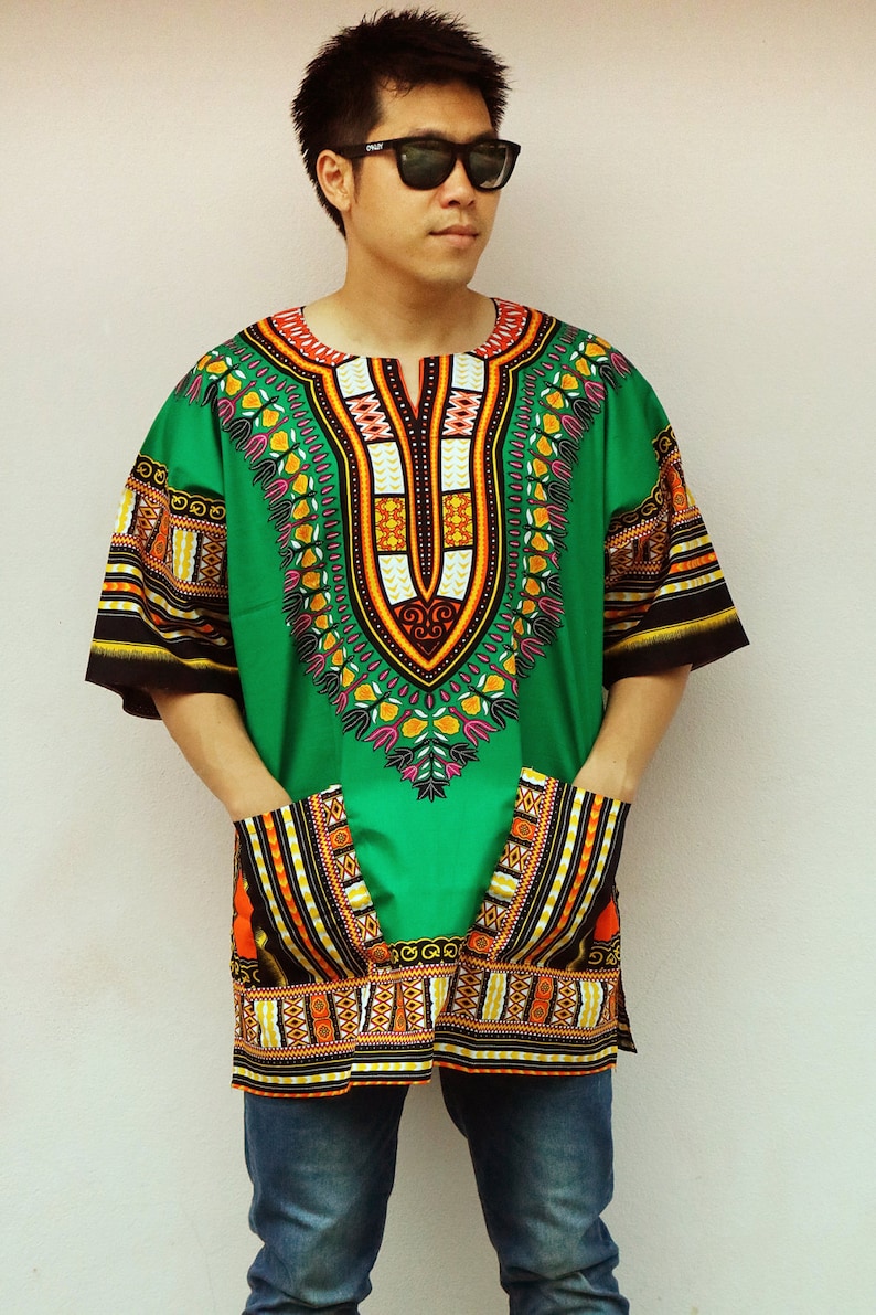 Cotton Shirt SHT005 Ornatcha Pha Fai Brand Green XS, S, M, L, XL, 2XL, 3XL Sizes African Dashiki Unisex Shirt