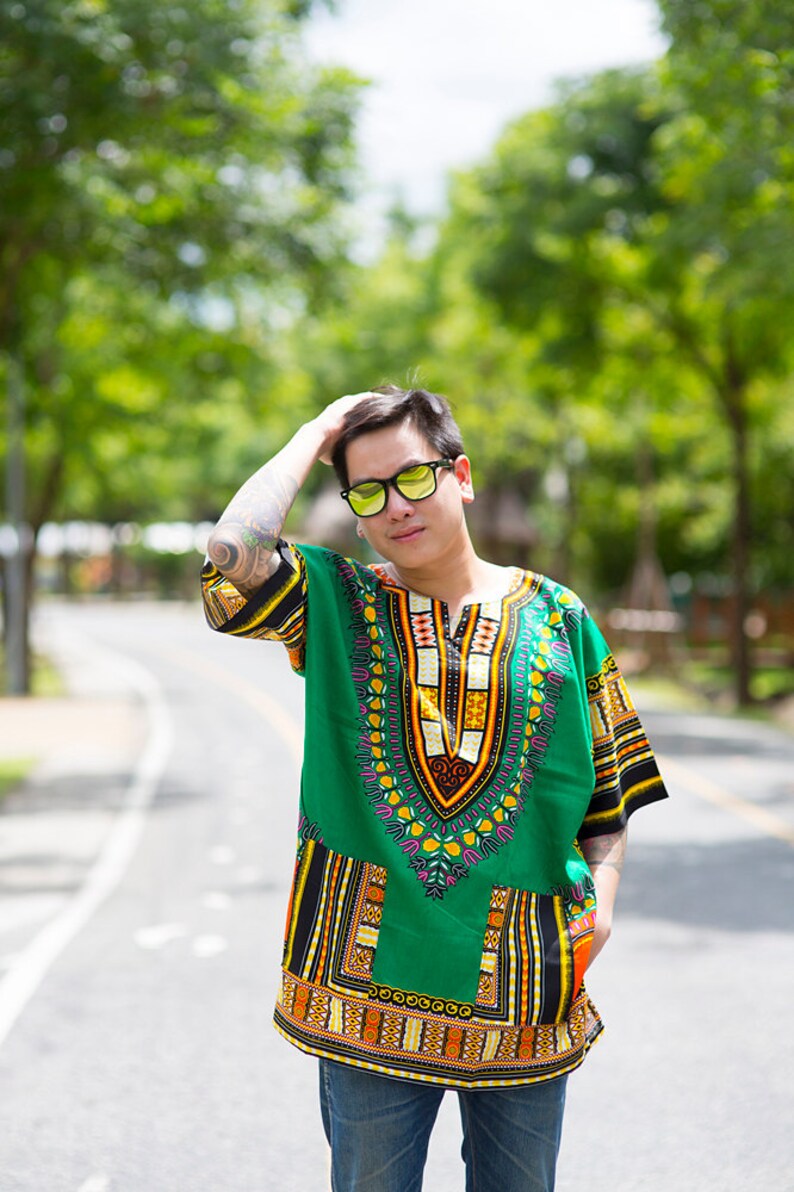 Cotton Shirt SHT005 Ornatcha Pha Fai Brand Green XS, S, M, L, XL, 2XL, 3XL Sizes African Dashiki Unisex Shirt