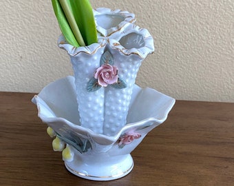 Vintage Hand Painted White Tulip Vase, Three-Finger Bud Vase