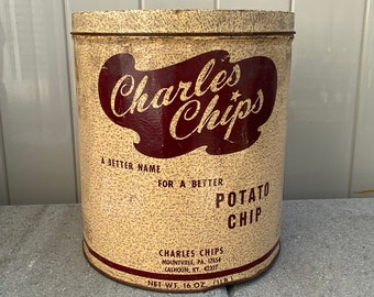 Vintage Charles Chips Tin Container, Collectible Tin Old Tin Chip
