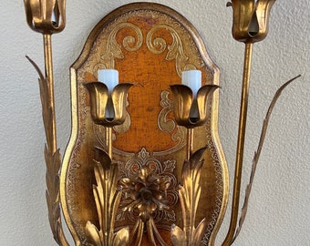 Vintage Florentine Wooden Sconce, Italian Gold Tole, 4-Light Fixture