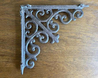 Vintage Brown Cast Iron Wall Shelf Bracket, Ornate Scroll Design