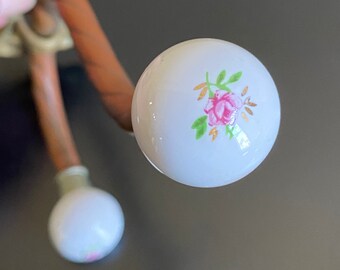 Vintage Brass Hook with Rose Ceramic Knob, Shabby Chic Decor