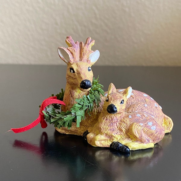 Vintage Daddy Deer and Baby Deer Fawn Figurine, Vintage Sitting Velvet Doe Figurine, Velvet Deer, Reindeer Decor Christmas Decoration