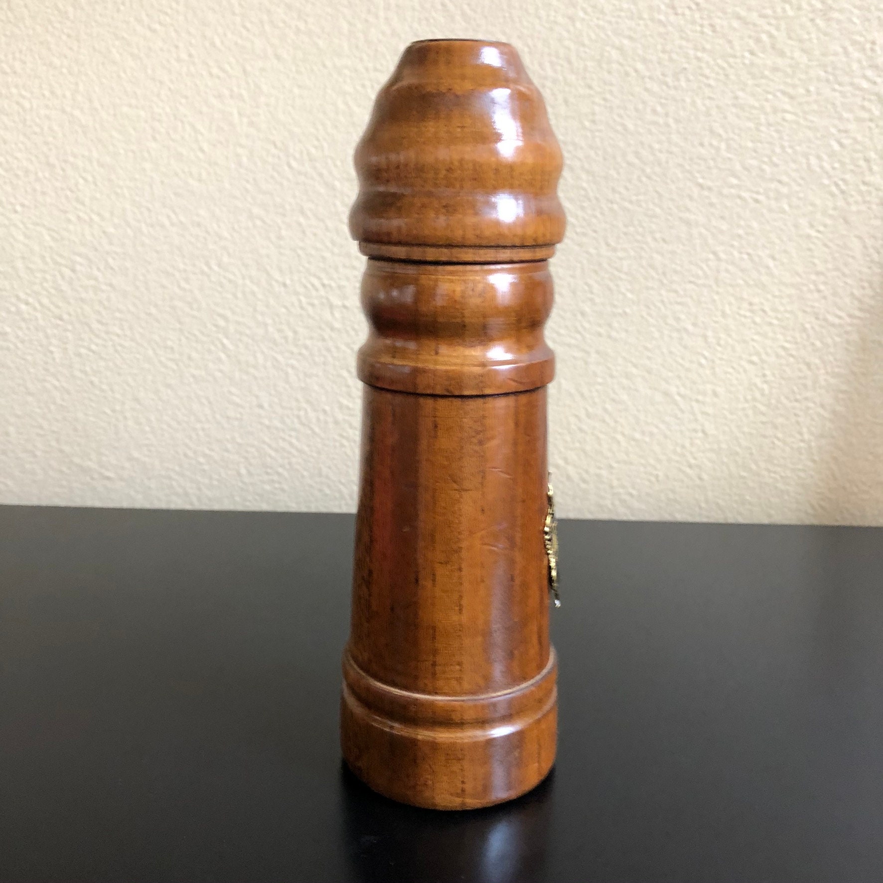 Large Vintage Wooden Salt Shaker with Brass Crest Etsy