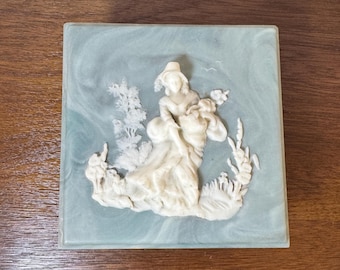 Vintage Blue and White Genuine Incolay Stone Dish,  Blue and White Cherub Incolay Stone Dish, Incolay Stone,