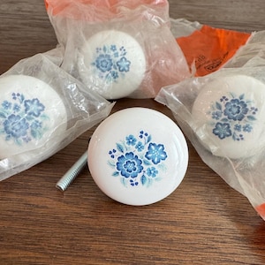 Vintage White Porcelain with Blue and Green Flowers Drawer Knobs Pulls, Blue and White Drawer Knob, Floral Drawer Pulls