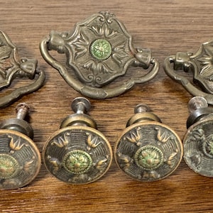 Antique Brass Drawer Knob and Handles, Green Drawer Pull, Brass Knob, Brass Drawer Pull Salvage Architectural Furniture Restoration Hardware