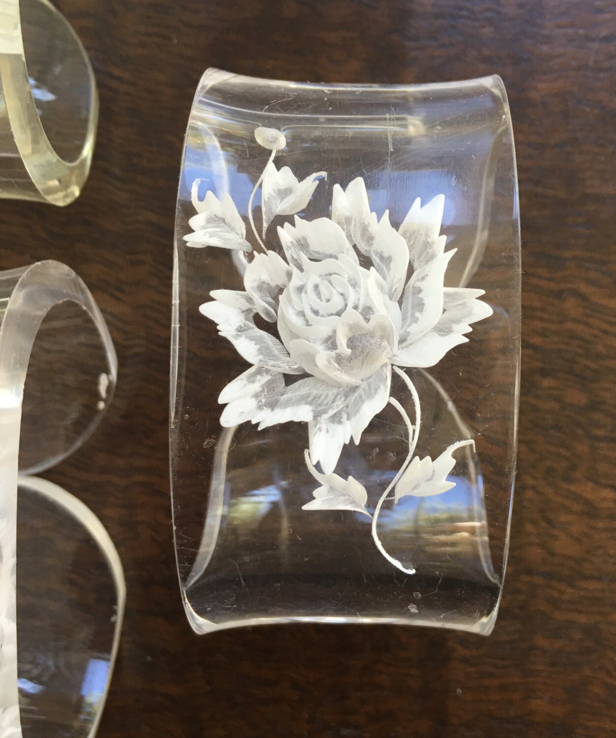 Vintage 4 Clear Lucite Napkin Ring Holder with Etched Flower Etsy
