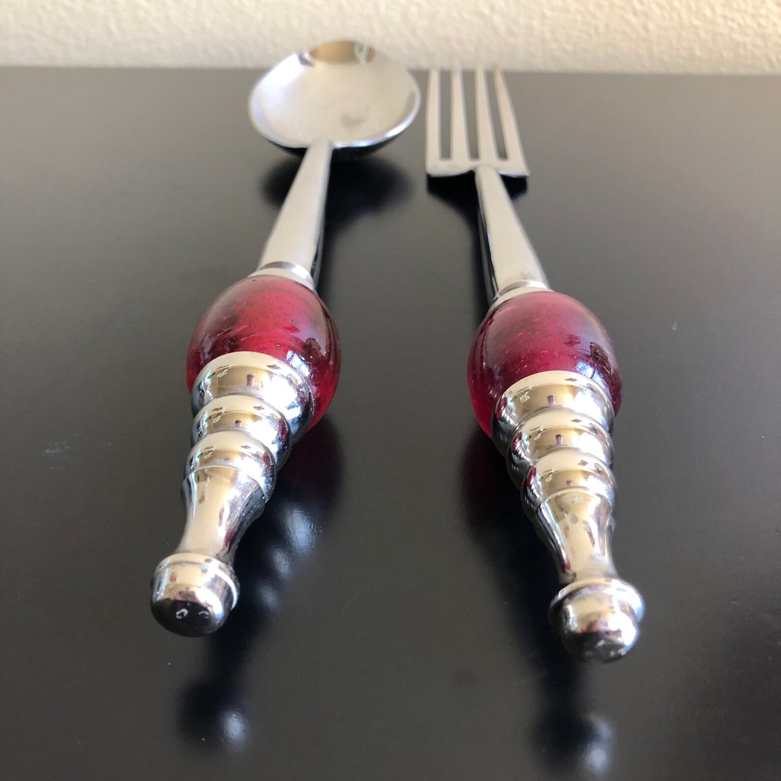 Salad Fork and Spoon Set Red Glass Salad Serving Set Salad Etsy