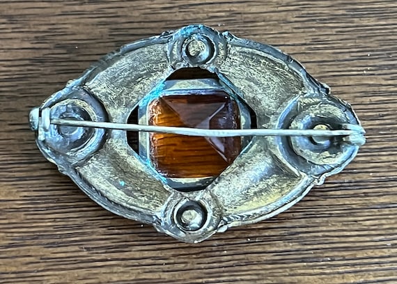 Antique French Brass and Amber Glass Brooch, Brow… - image 5