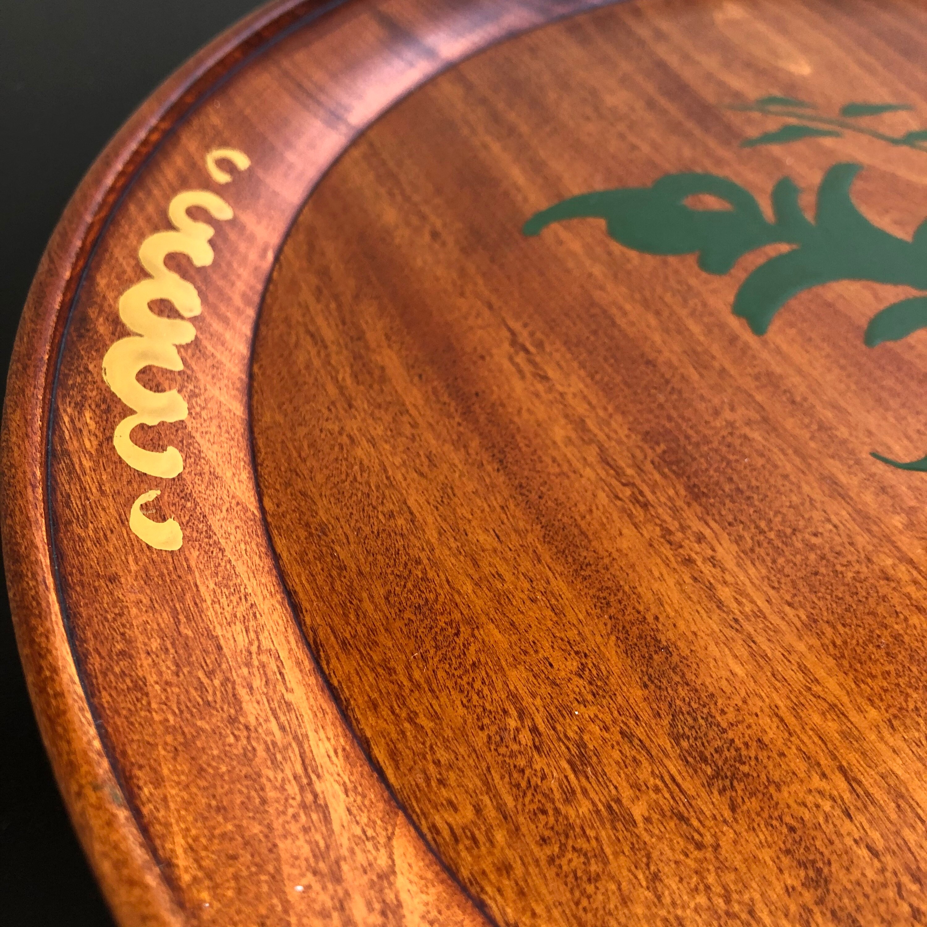 Vintage Wooden Round Tray Decorative Tray Green Leaf Wooden Etsy