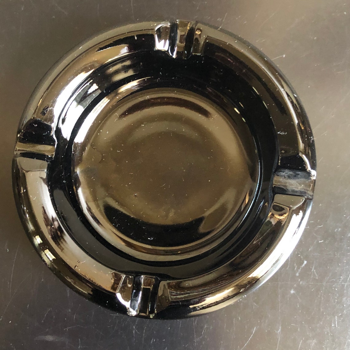 Vintage Round Black Glass Ashtray with Grooves on Sides Black Etsy