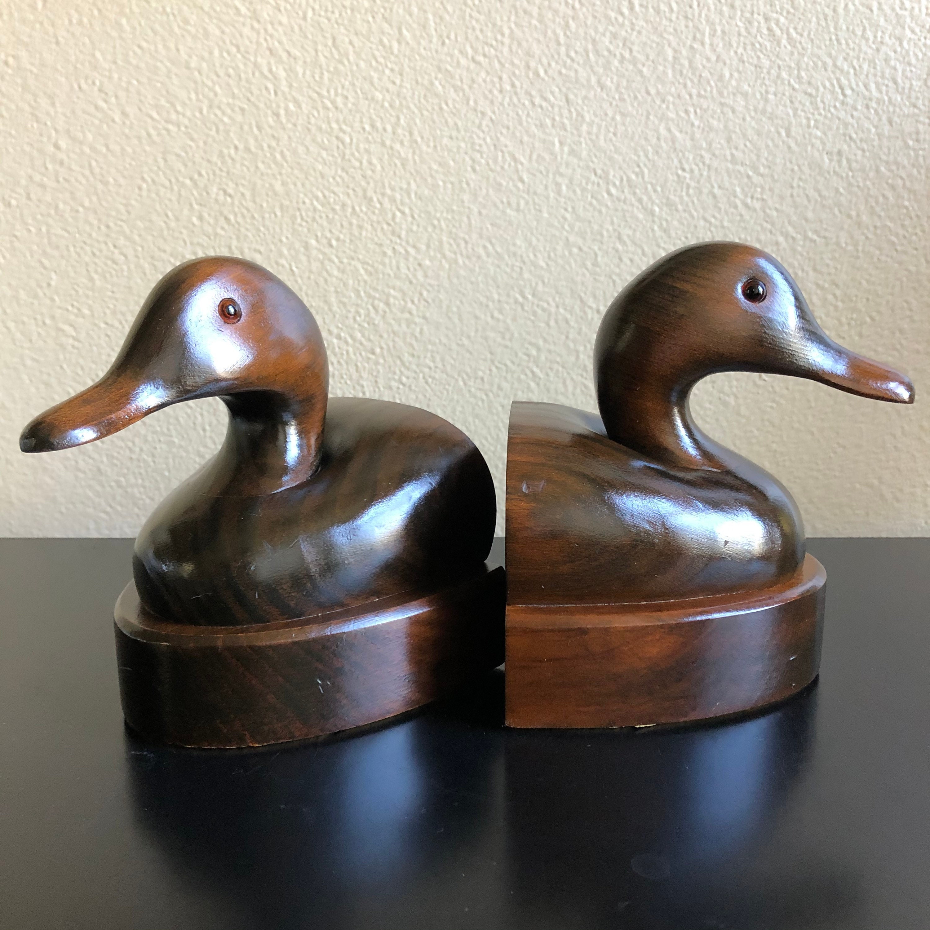 Vintage Carved Wood Duck Bookends Black Duck Bookends Wooden Etsy UK