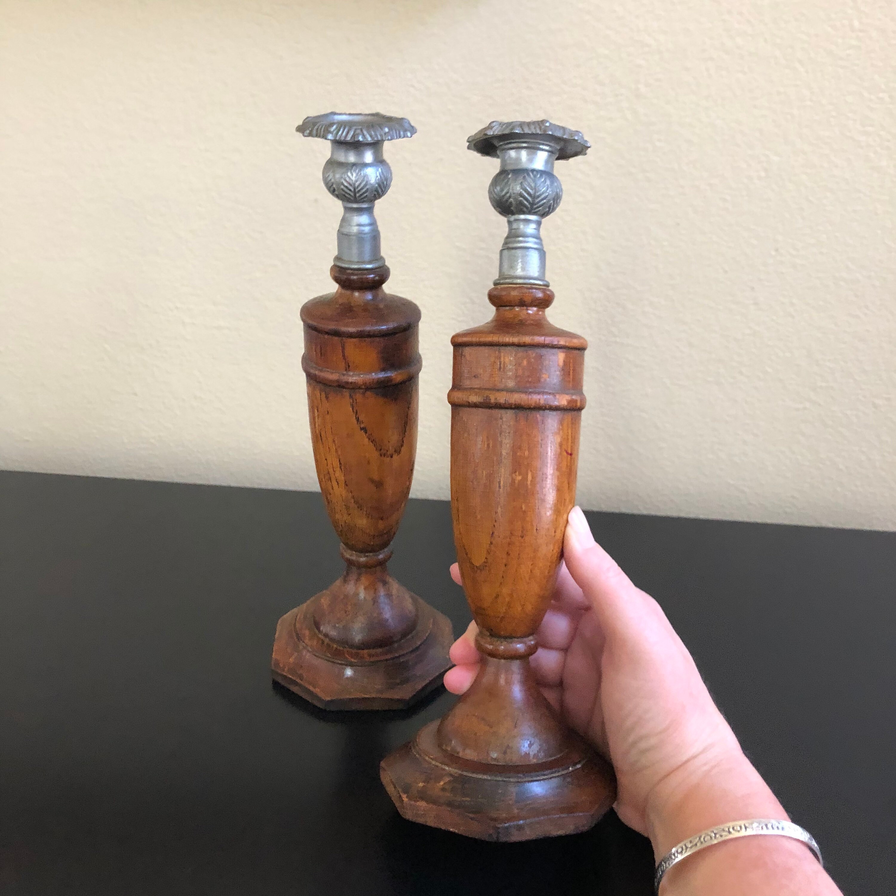 Antique English Oak Wood and Pewter Candlestick Holders Wood | Etsy