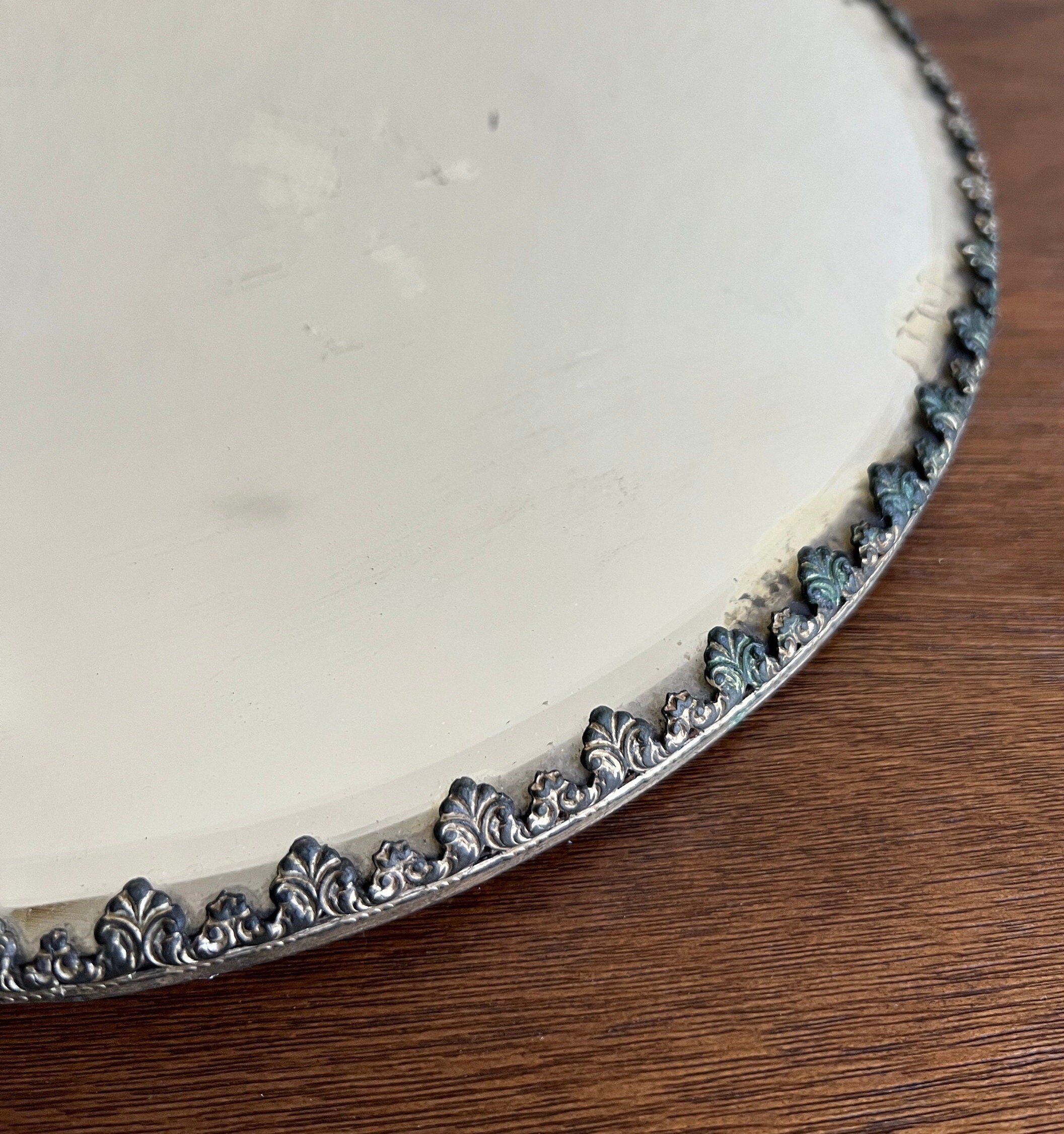 Antique Round Bevelled Edge Large mirror/tray with wooden frame