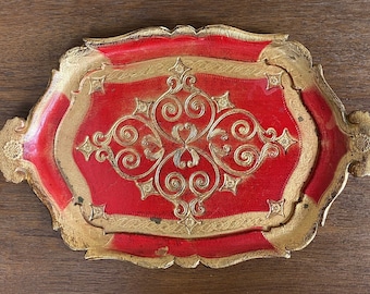 Vintage Italian Red and Gold Florentine Wooden Tray, Decorative Tray, Italian Tray, Florentine Red Tray, Red Tray