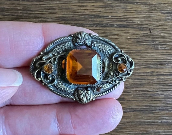 Antique French Brass and Amber Glass Brooch, Brow… - image 1