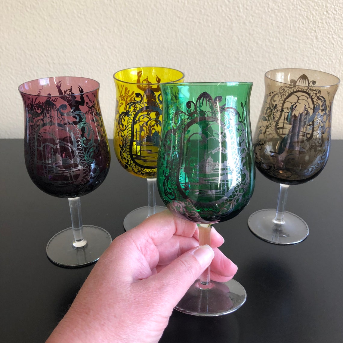 Four Mutli Colored Stemmed Wine Glasses With Silver Etsy