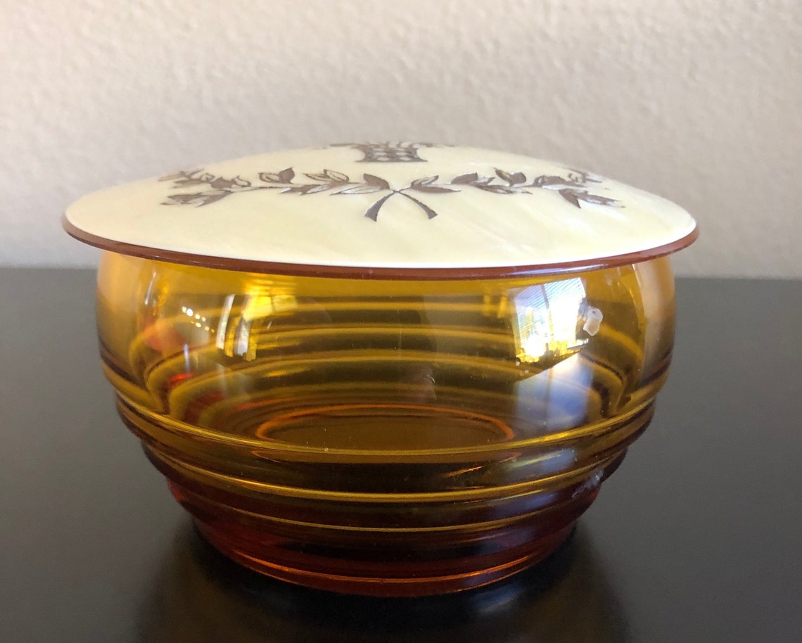 Vintage Amber Glass Vanity Jar with Lid Amber Glass Powder Etsy