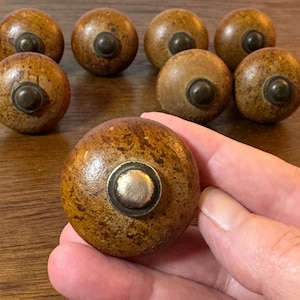 8 Vintage Wood and Brass Drawer Knobs, Wood Drawer Pull, Round Wood Drawer Pull, Cabinet Knob, Furniture Knob Restoration Hardware
