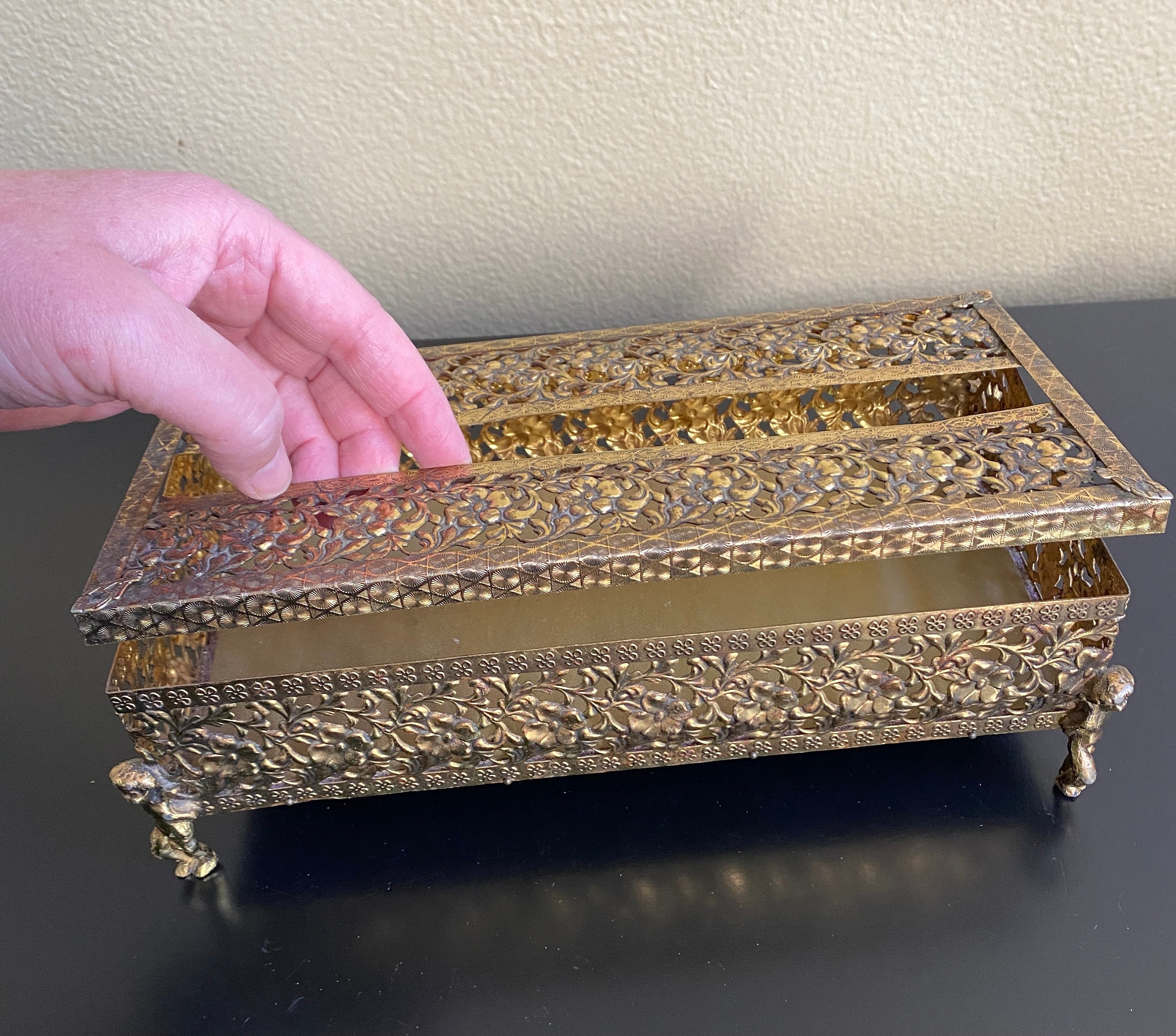 Vintage Cherub Gold Tone Metal Tissue Box Holder Gold Metal Etsy