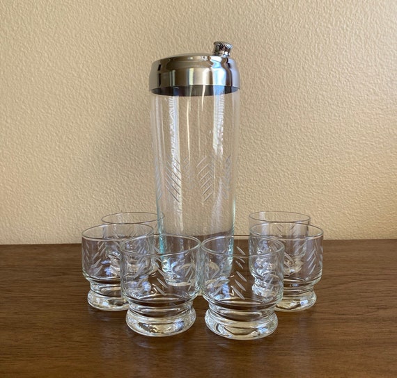 Vintage Midcentury Etched Glass Cocktail Shaker With Chrome Etsy