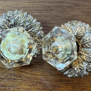 Two Vintage Hexagon Clear Glass Drawer Knob with Backplates, Vintage Glass Hardware, Cabinet Knob