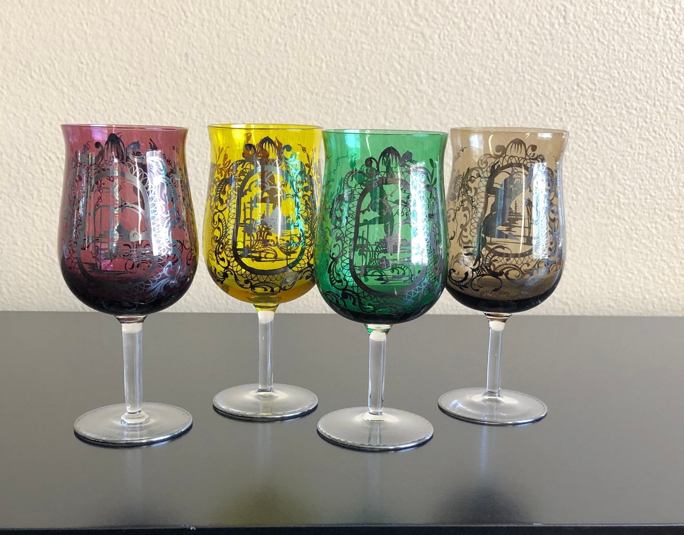 Four Mutli Colored Stemmed Wine Glasses With Silver Etsy