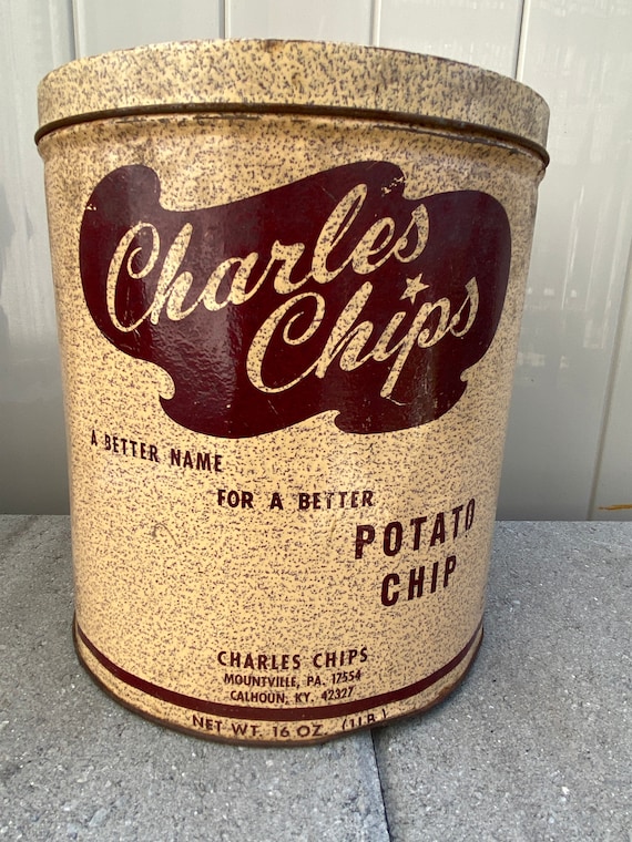 Vintage Charles Chips Tin Container, Collectible Tin Old Tin Chip Container  