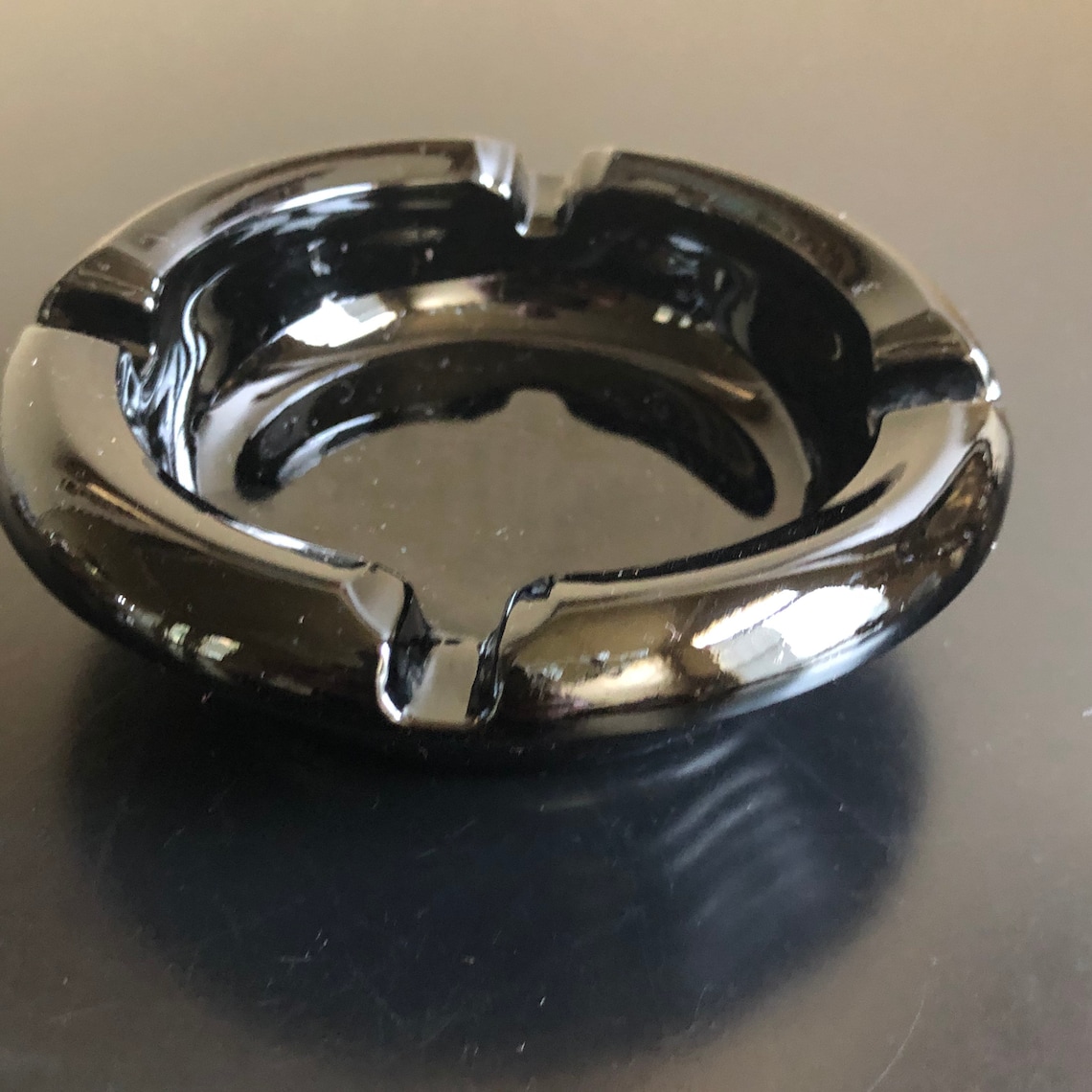 Vintage Round Black Glass Ashtray with Grooves on Sides Black Etsy