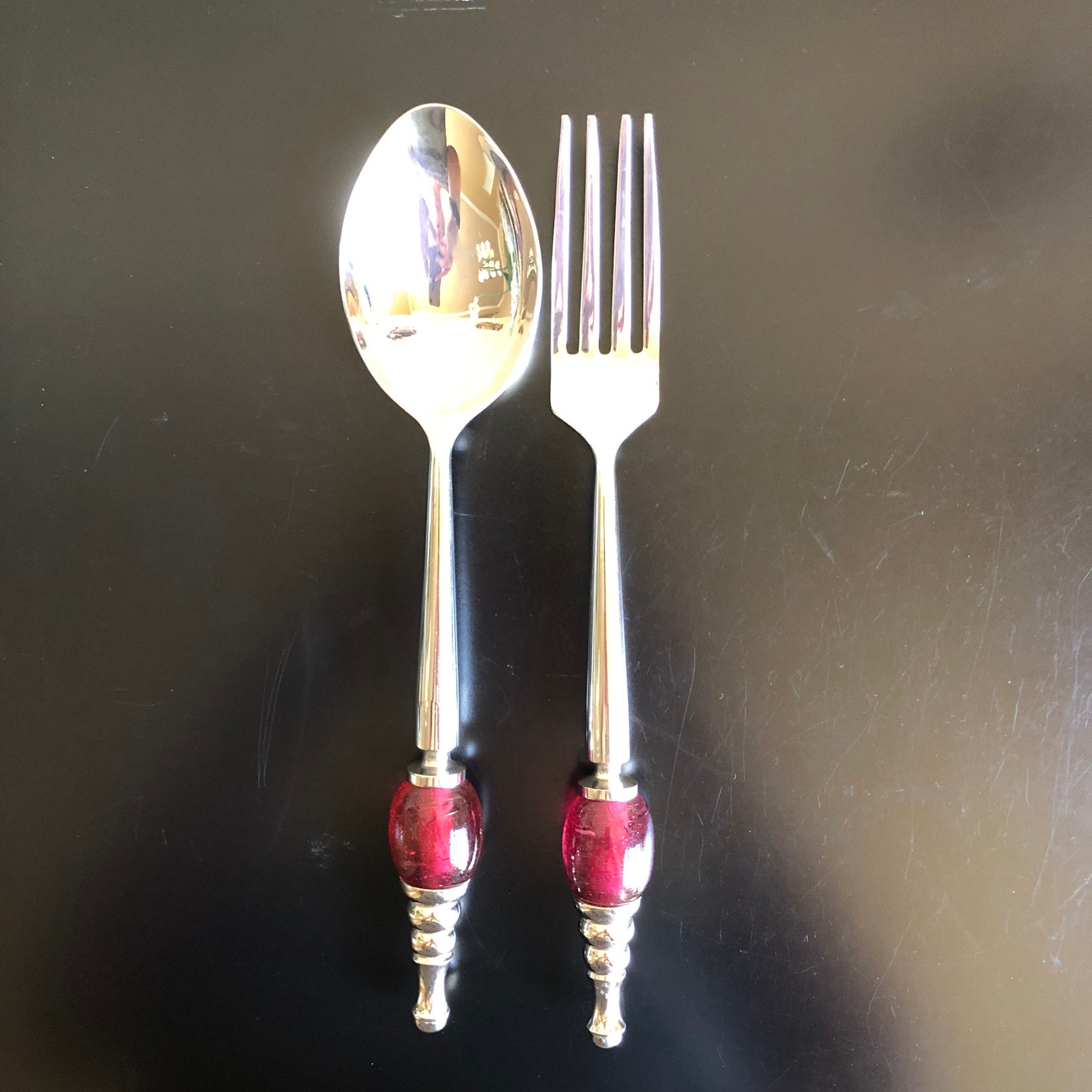 Salad Fork and Spoon Set Red Glass Salad Serving Set Salad Etsy