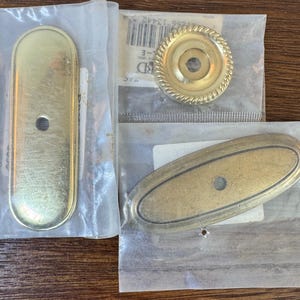 3 NOS Brass Knob Backplates, Shiny & Antique Finish